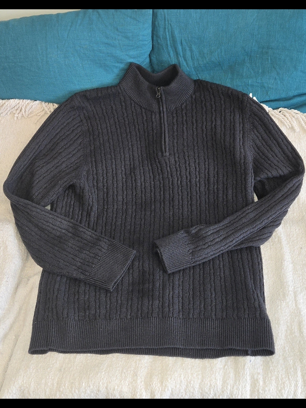 Denver Hayes Navy Blue Cable Knit Quarter Zip Sweater Size L